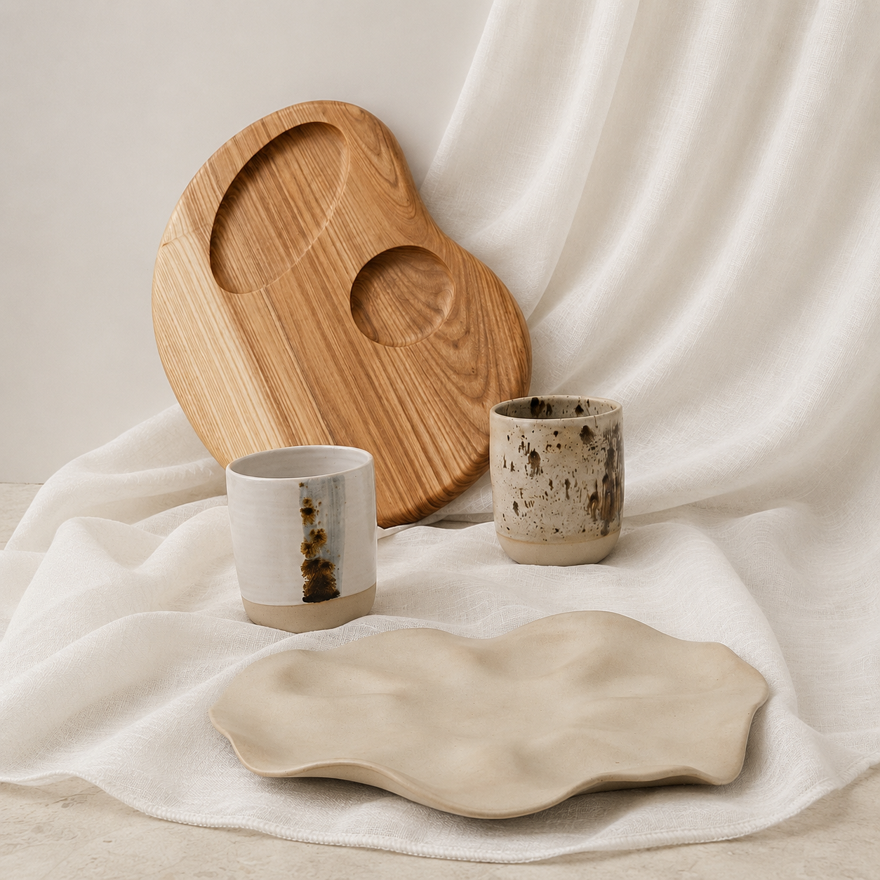 Composition table apéritive bois massif et céramique artisanale — set modulaire ORBEL Studio Alpin