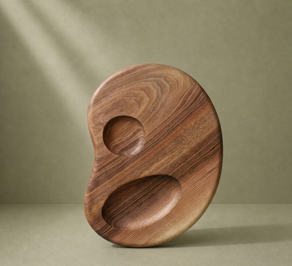 Planche Duo apéritive en noyer massif sculpté — forme organique biomorphe, Orbel Studio Savoie