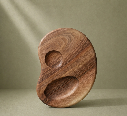 Planche Duo apéritive en noyer massif sculpté — forme organique biomorphe, Orbel Studio Savoie