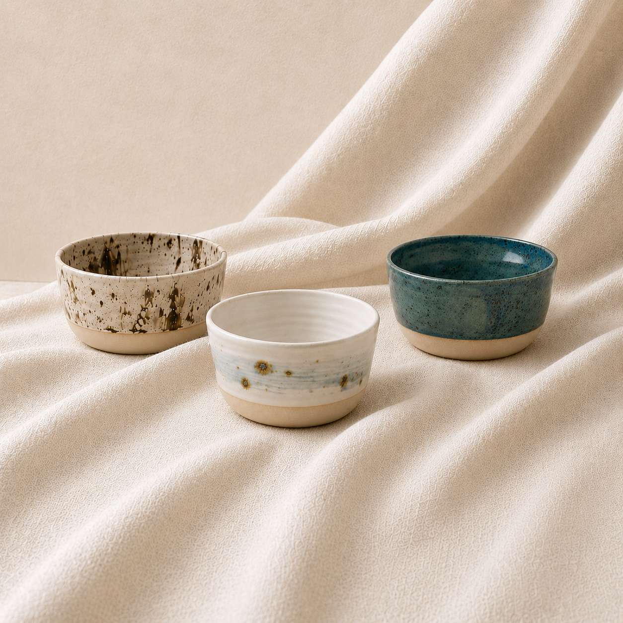 Trio de coupelles en céramique artisanale aux émaux bleus et minéraux sur tissu drapé écru.