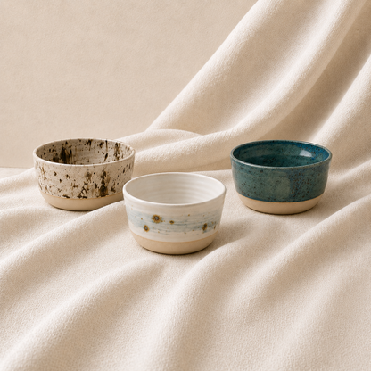 Trio de coupelles en céramique artisanale aux émaux bleus et minéraux sur tissu drapé écru.