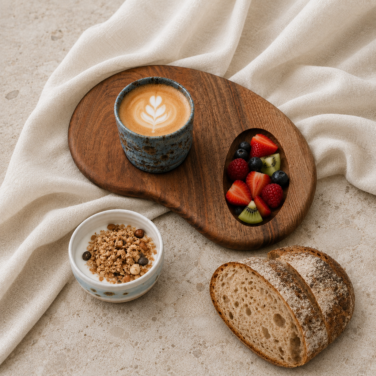 Planche Empreinte en noyer avec café latte, fruits frais, granola et pain artisanal pour un brunch inspiré des Alpes.