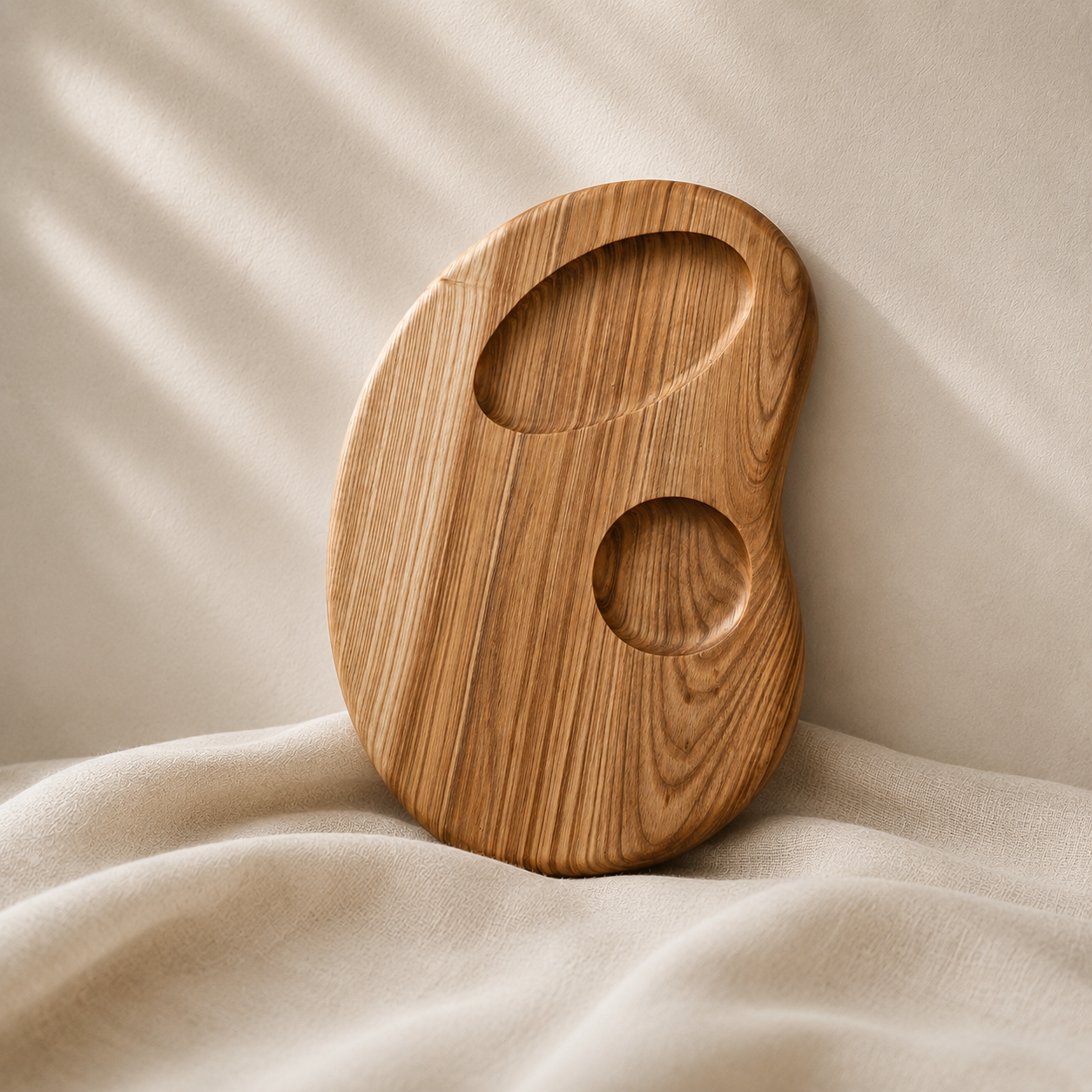 Planche Empreinte en frêne olivier, sculptée à la main, logements céramique intégrés — ORBEL Studio Alpin, Savoie
