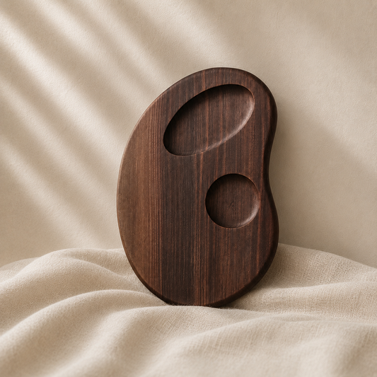 Planche Empreinte en noyer sculptée à la main, logements céramique intégrés — ORBEL Studio Alpin, Savoie
