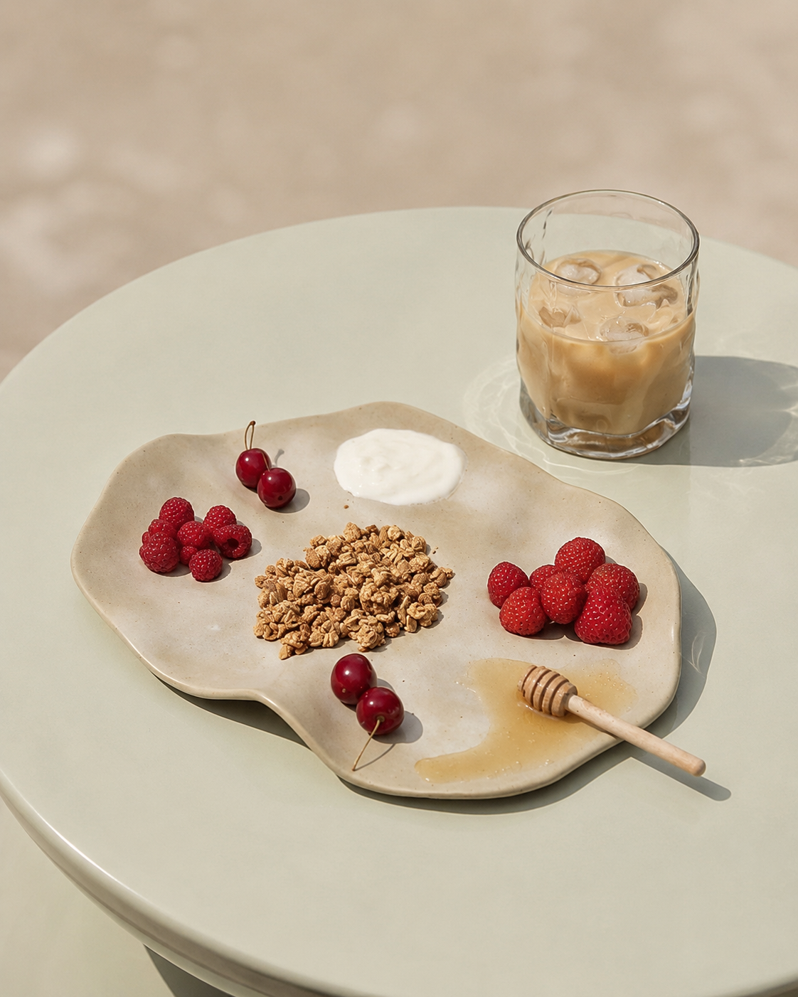 Plateau de présentation en céramique couleur calcaire suggestion snacking fruits et granola - ORBEL Studio Alpin