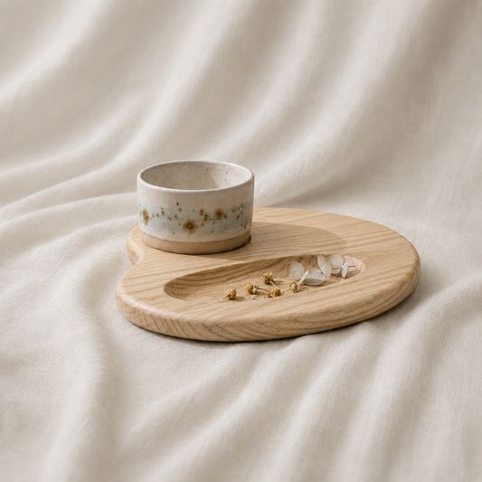 Set apéritif Planche Empreinte frêne et coupelle Bleu Glacier — composition minimaliste art de la table alpin ORBEL